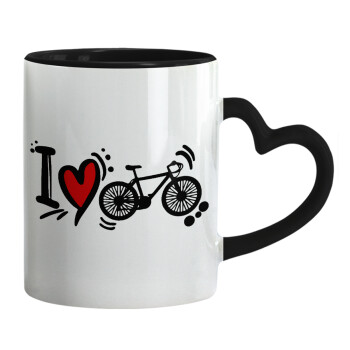 I love my bike, Κούπα καρδιά χερούλι μαύρη, κεραμική, 330ml