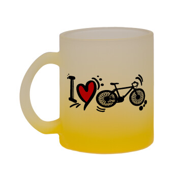 I love my bike, Κούπα γυάλινη δίχρωμη με βάση το κίτρινο ματ, 330ml