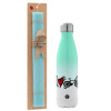 Easter Set, Metallic green/white thermos (Stainless steel), double-walled, 500ml & scented flat Easter candle (30cm) (TURQUOISE)