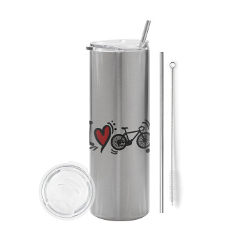 I love my bike, Eco friendly stainless steel Silver tumbler 600ml, with metal straw & cleaning brush