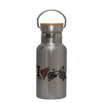 I love my bike, Μεταλλικό παγούρι θερμός (Stainless steel) Ασημένιο με ξύλινο καπακι (bamboo), διπλού τοιχώματος, 350ml