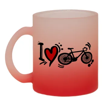 I love my bike, Κούπα γυάλινη δίχρωμη με βάση το κόκκινο ματ, 330ml