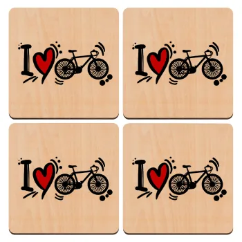 I love my bike, ΣΕΤ x4 Σουβέρ ξύλινα τετράγωνα plywood (9cm)