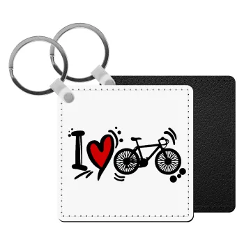 I love my bike, Μπρελόκ Δερματίνη, τετράγωνο ΜΑΥΡΟ (5x5cm)