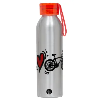 I love my bike, Αλουμινένιο Αθλητικό Μπουκάλι 650ml – Ασημί με Κόκκινο Καπάκι και Λουράκι Σιλικόνης