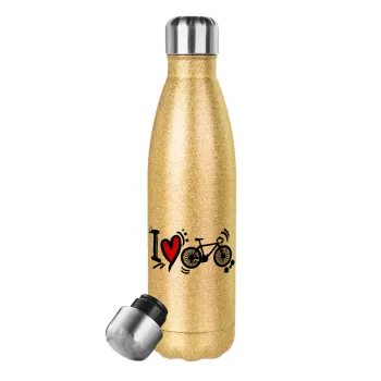 I love my bike, Glitter gold stainless steel thermos bottle, double-walled, 500ml