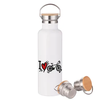 I love my bike, Stainless steel White with wooden lid (bamboo), double wall, 750ml