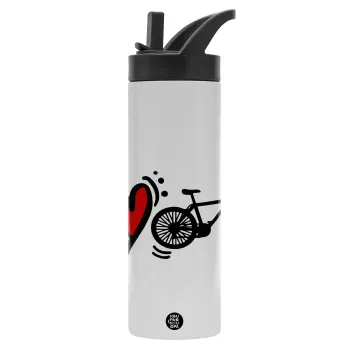 I love my bike, Metallic thermos bottle with straw & handle, stainless steel (Stainless steel 304), double-walled, 600ml.