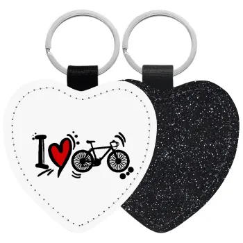 I love my bike, Μπρελόκ PU δερμάτινο glitter καρδιά ΜΑΥΡΟ