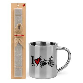 I love my bike, Easter Set, metallic thermal cup (300ml) & Easter aromatic flat candle (30cm) (GRAY)