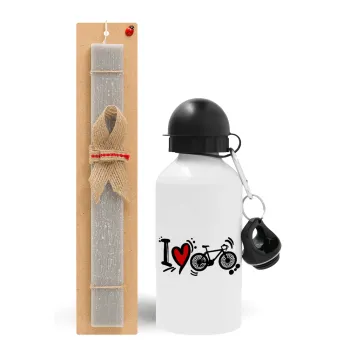 I love my bike, Easter Set, metallic aluminum water bottle (500ml) & aromatic flat Easter candle (30cm) (GRAY)