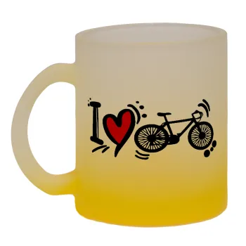 I love my bike, Κούπα γυάλινη δίχρωμη με βάση το κίτρινο ματ, 330ml