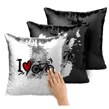 I love my bike, Μαξιλάρι καναπέ Μαγικό Μαύρο με πούλιες 40x40cm περιέχεται το γέμισμα