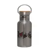 Stainless steel metallic thermos flask, silver with a bamboo lid, double-walled, 350ml.