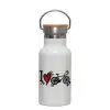Metallic thermos (Stainless steel) White with wooden lid (bamboo), double-walled, 350ml