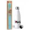 Easter Set, metallic stainless steel water bottle (750ml) & aromatic flat Easter candle (30cm) (TURQUOISE)