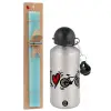 Easter Set, metallic silver aluminum water bottle (500ml) & scented flat Easter candle (30cm) (TURQUOISE)