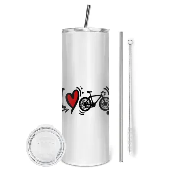 I love my bike, Tumbler ποτήρι θερμό από ανοξείδωτο ατσάλι 600ml, με μεταλλικό καλαμάκι & βούρτσα καθαρισμού