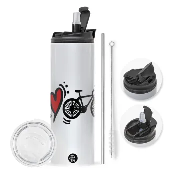 I love my bike, Travel Tumbler θερμό με διπλό καπάκι, μεταλλικό καλαμάκι και βούρτσα καθαρισμού (Ανωξείδωτο 304 Food grade, BPA free, 600ml)