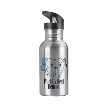 World's Best Dentist, Παγούρι νερού Ασημένιο με καλαμάκι, ανοξείδωτο ατσάλι 600ml