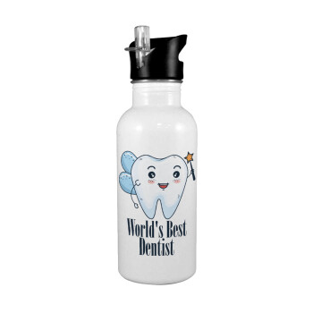 World's Best Dentist, White water bottle with straw, stainless steel 600ml