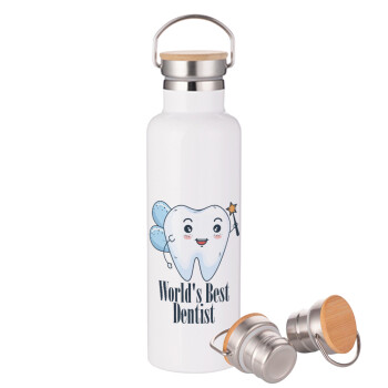 World's Best Dentist, Μεταλλικό παγούρι θερμός (Stainless steel) Λευκό με ξύλινο καπάκι (bamboo), διπλού τοιχώματος, 750ml