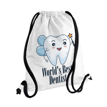 World's Best Dentist, Τσάντα πλάτης πουγκί GYMBAG λευκή, με τσέπη (40x48cm) & χονδρά κορδόνια