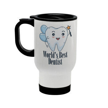 World's Best Dentist, Stainless steel travel mug with lid, double wall white 450ml