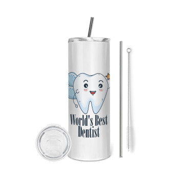 World's Best Dentist, Tumbler ποτήρι θερμό από ανοξείδωτο ατσάλι 600ml, με μεταλλικό καλαμάκι & βούρτσα καθαρισμού