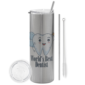 World's Best Dentist, Eco friendly stainless steel Silver tumbler 600ml, with metal straw & cleaning brush