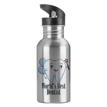 World's Best Dentist, Water bottle Silver with straw, stainless steel 600ml