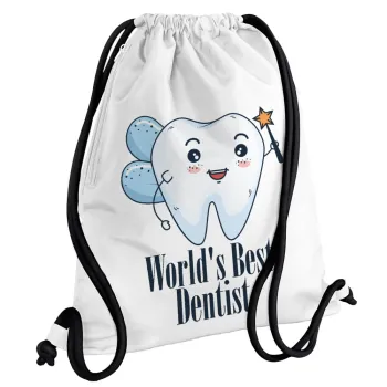 World's Best Dentist, Backpack pouch GYMBAG white, with pocket (40x48cm) & thick cords