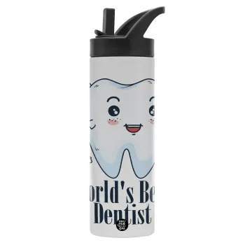 World's Best Dentist, Μεταλλικό παγούρι θερμός με καλαμάκι & χειρολαβή, ανοξείδωτο ατσάλι (Stainless steel 304), διπλού τοιχώματος, 600ml