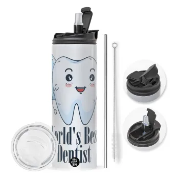 World's Best Dentist, Travel Tumbler 2 Lids, with metal straw & cleaning brush (Stainless steel 304 Food grade, BPA free, 600ml)
