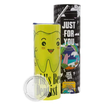 World's Best Dentist, Neon Yellow Travel Tumbler θερμό, μεταλλικό καλαμάκι(Ανωξείδωτο 304 Food grade, BPA free, 600ml)
