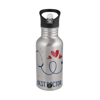 Best Doctor, Water bottle Silver with straw, stainless steel 500ml