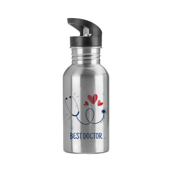 Best Doctor, Παγούρι νερού Ασημένιο με καλαμάκι, ανοξείδωτο ατσάλι 600ml