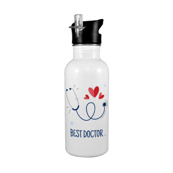 Best Doctor, White water bottle with straw, stainless steel 600ml