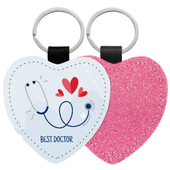 Best Doctor, Μπρελόκ PU δερμάτινο glitter καρδιά ΡΟΖ