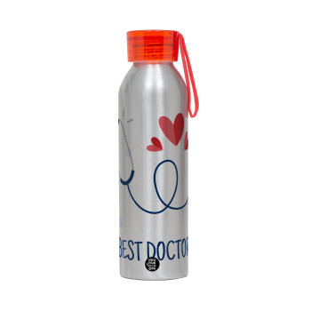 Best Doctor, Αλουμινένιο Αθλητικό Μπουκάλι 650ml – Ασημί με Κόκκινο Καπάκι και Λουράκι Σιλικόνης