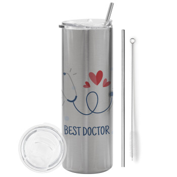 Best Doctor, Eco friendly stainless steel Silver tumbler 600ml, with metal straw & cleaning brush