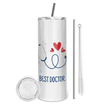 Best Doctor, Tumbler ποτήρι θερμό από ανοξείδωτο ατσάλι 600ml, με μεταλλικό καλαμάκι & βούρτσα καθαρισμού