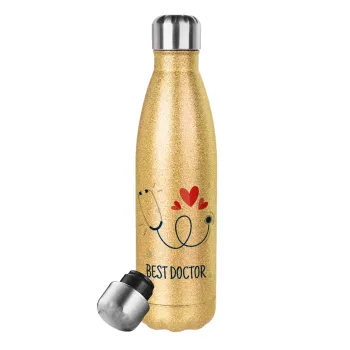 Best Doctor, Glitter gold stainless steel thermos bottle, double-walled, 500ml