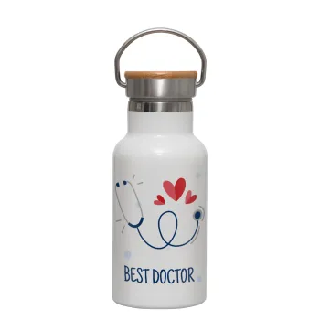 Best Doctor, Μεταλλικό παγούρι θερμός (Stainless steel) Λευκό με ξύλινο καπακι (bamboo), διπλού τοιχώματος, 350ml