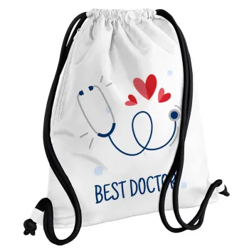 Best Doctor, Τσάντα πλάτης πουγκί GYMBAG λευκή, με τσέπη (40x48cm) & χονδρά κορδόνια