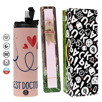 Best Doctor, Πασχαλινή Λαμπάδα με  ΡΟΖ Travel Tumbler θερμό (600ml, BPA free) & κερί αρωματικό πλακέ (30cm) (ΡΟΖ)