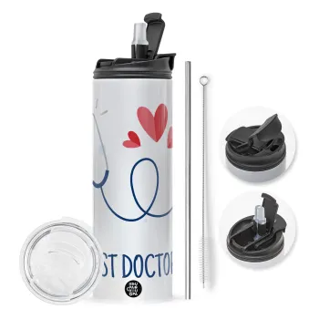 Best Doctor, Travel Tumbler 2 Lids, with metal straw & cleaning brush (Stainless steel 304 Food grade, BPA free, 600ml)