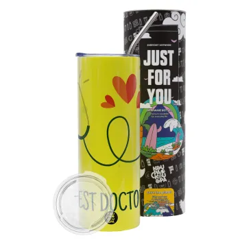 Best Doctor, Neon Yellow Travel Tumbler θερμό, μεταλλικό καλαμάκι(Ανωξείδωτο 304 Food grade, BPA free, 600ml)