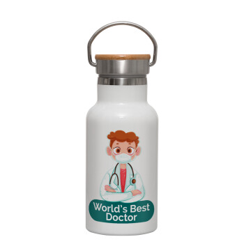 World's Best Doctor, Μεταλλικό παγούρι θερμός (Stainless steel) Λευκό με ξύλινο καπακι (bamboo), διπλού τοιχώματος, 350ml