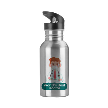 World's Best Doctor, Water bottle Silver with straw, stainless steel 600ml